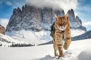 Katze Trekking im Dolomiten mit Schneeschuhe auf Schnee Winter Panorama Landschaft Illustration generativ ai foto
