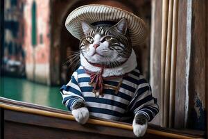 Katze wie Gondoliere mit typisch Streifen Uniform auf Gondel im Venedig Kanäle Illustration generativ ai foto