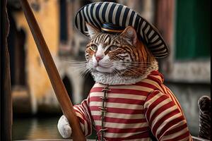 Katze wie Gondoliere mit typisch Streifen Uniform auf Gondel im Venedig Kanäle Illustration generativ ai foto