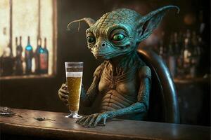 Außerirdischer Trinken ein Bier generativ ai foto