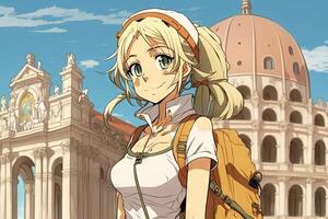 schön Anime Manga Mädchen im pisa gelehnt Turm Stadt, Dorf Italien Illustration generativ ai foto