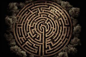 kreisförmig Matze Labyrinth, mit Pfeile zeigen gegenüber ein Tor oder Ziel, symbolisieren das Reise von Leben oder persönlich wachsen Illustration generativ ai foto