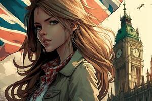 schön Anime Manga Mädchen im London Illustration generativ ai foto