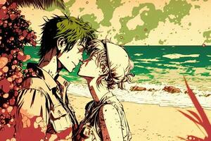 romantisch Paar küssen auf das Strand, Manga Stil Illustration generativ ai foto