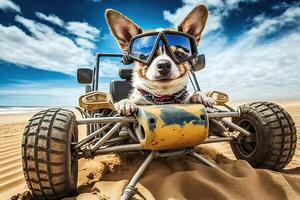 verrückt Hund Fahren Düne Buggy auf das sandig Strand Illustration generativ ai foto