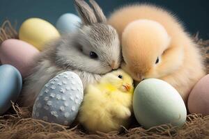 süß Hase und Küken gekuschelt oben zusammen, umgeben durch Pastell- - - farbig Ostern Eier Ostern Illustration generativ ai foto
