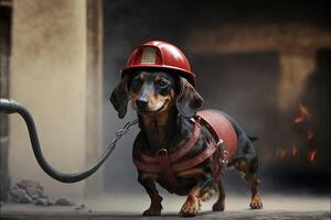 Dackel Hund im ein Feuerwehrmann passen und Outfit Illustration generativ ai foto