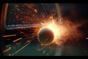 Tennis Schläger Schlagen das Ball im Energie Detail explosiv Illustration generativ ai foto