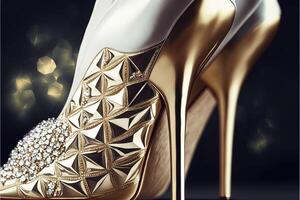 Luxus Gold und Diamanten Frauen Schuhe mit hoch Absätze generativ ai foto