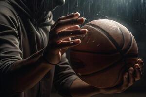 unter das Regen Detail von Basketball Spieler Hände halten Ball im Energie Illustration generativ ai foto