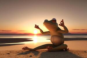 Frosch üben Yoga auf das Strand beim Sonnenuntergang Illustration generativ ai foto