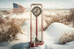 gefroren Thermometer draussen im Amerika, USA Winter im das Schnee auf eisig Tag Illustration generativ ai foto