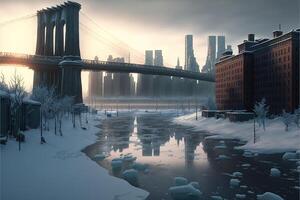 Weihnachten Schneesturm im Neu York. Schneefall im das Stadt von Neu York. Stadt Horizont im Winter. Illustration generativ ai foto