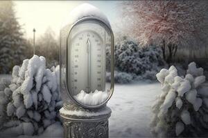 gefroren Thermometer draussen im Amerika, USA Winter im das Schnee auf eisig Tag Illustration generativ ai foto