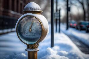 gefroren Thermometer draussen im Amerika, USA Winter im das Schnee auf eisig Tag Illustration generativ ai foto