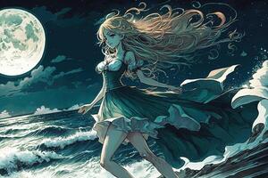 ziemlich Mädchen mit lange blond Haar und ein fließend Kleid, Tanzen auf ein Mondschein Strand mit ihr geliebte, Manga Stil Illustration generativ ai foto