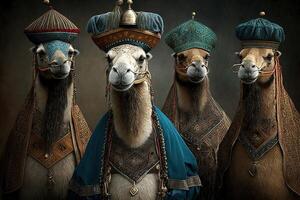 Kamele Tiere gekleidet im viktorianisch Epoche Kleidung Illustration generativ ai foto