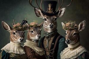 Hirsche Tiere gekleidet im viktorianisch Epoche Kleidung Illustration generativ ai foto