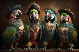 Papageien ara ara Vögel Tiere gekleidet im viktorianisch Epoche Kleidung Illustration generativ ai foto