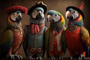 Papageien ara ara Vögel Tiere gekleidet im viktorianisch Epoche Kleidung Illustration generativ ai foto