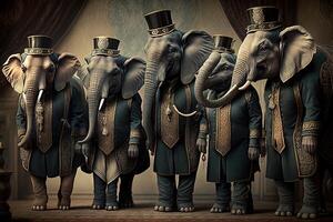 Elefanten Tiere gekleidet im viktorianisch Epoche Kleidung Illustration generativ ai foto