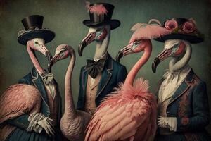 Flamingo Tiere gekleidet im viktorianisch Epoche Kleidung Illustration generativ ai foto