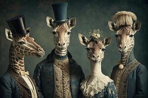 Giraffe Tiere gekleidet im viktorianisch Epoche Kleidung Illustration generativ ai foto