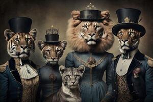 Löwe Tiere gekleidet im viktorianisch Epoche Kleidung Illustration generativ ai foto