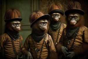Orang utan Tiere gekleidet im viktorianisch Epoche Kleidung Illustration generativ ai foto