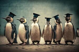 Pinguine Stehen im ein Linie, tragen Abschluss Kappen und Kleider, mit ein stolz aussehen auf ihr Gesichter Illustration generativ ai foto