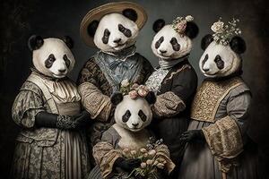 Panda Tiere gekleidet im viktorianisch Epoche Kleidung Illustration generativ ai foto