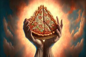 Gott Hände Essen ein Pizza generativ ai foto