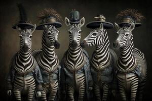 Zebra Tiere gekleidet im viktorianisch Epoche Kleidung Illustration generativ ai foto
