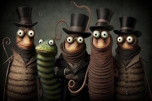 Würmer Tiere gekleidet im viktorianisch Epoche Kleidung Illustration generativ ai foto