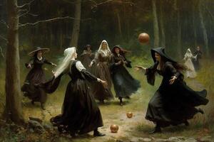 Gruppe von Hexen spielen ein Besen Fußball Ball Spiel im das Wald Illustration generativ ai foto