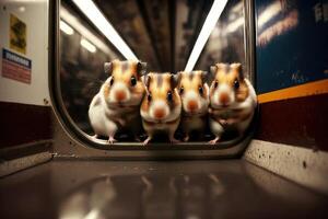 Hamster Tier auf Neu York Stadt U-Bahn unter Tage Metro Zug Illustration generativ ai foto
