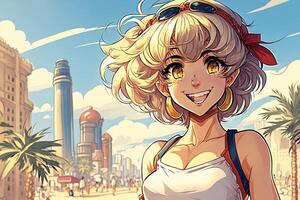 schön Anime Manga Mädchen im Dubai Illustration generativ ai foto