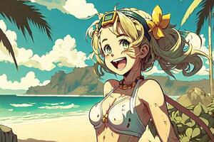 schön Anime Manga Mädchen im Hawaii Illustration generativ ai foto