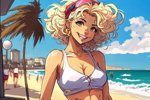schön Anime Manga Mädchen im los Engel Malibu Strand Illustration generativ ai foto