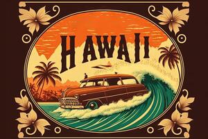 Hawaii retro Stil Kunst Poster Urlaub Surfen und Surfen Illustration generativ ai foto