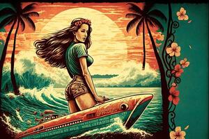 Hawaii retro Stil Kunst Poster Urlaub Surfen und Surfen Illustration generativ ai foto