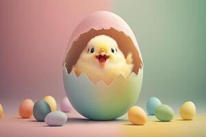 glücklich lächelnd süß wenig Hähnchen Kommen aus Ö f das Ostern Ei isoliert auf Pastell- Farben Hintergrund Illustration generativ ai foto