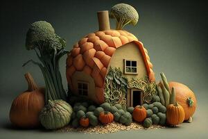 Haus gemacht von Gemüse kreativ Diät Essen gesund Essen Konzept Foto von Mensch gemacht von frisch Früchte und Gemüse Illustration generativ ai