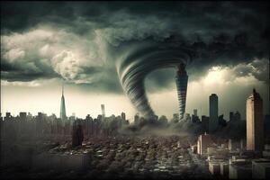 Neu York Stadt USA wirbelnd Tornado zerstören Gebäude Hurrikan Achtung Wind Wasserspeier Twister Sturm natürlich Katastrophe Illustration generativ ai foto