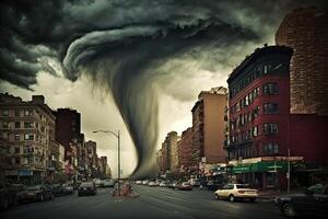 Neu York Stadt USA wirbelnd Tornado zerstören Gebäude Hurrikan Achtung Wind Wasserspeier Twister Sturm natürlich Katastrophe Illustration generativ ai foto