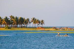 Fischer, die Fisch am Chennai Buckingham-Kanal mit Palmen im Hintergrund fangen foto