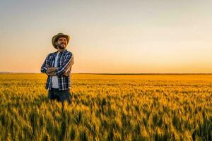 Farmer Stehen im ein Weizen Feld foto