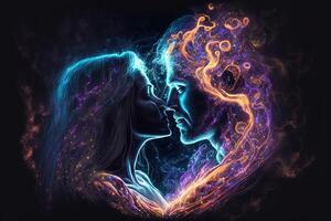 Mann und Frau küssen im tief Liebe Valentinstag Illustration Junge und Mädchen fallen im Liebe romantisch Gefühl. Illustration .valentine Liebe Konzept. generativ ai foto