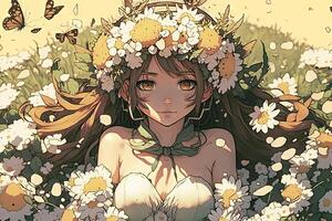 ziemlich Mädchen mit ein Blume Krone, Sitzung im ein Feld von Gänseblümchen und umgeben durch Schmetterlinge, Manga Stil Illustration generativ ai foto