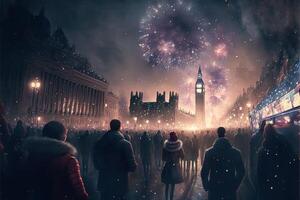 feiern Neu Jahr Vorabend im London Feuerwerk im das Himmel Illustration generativ ai foto